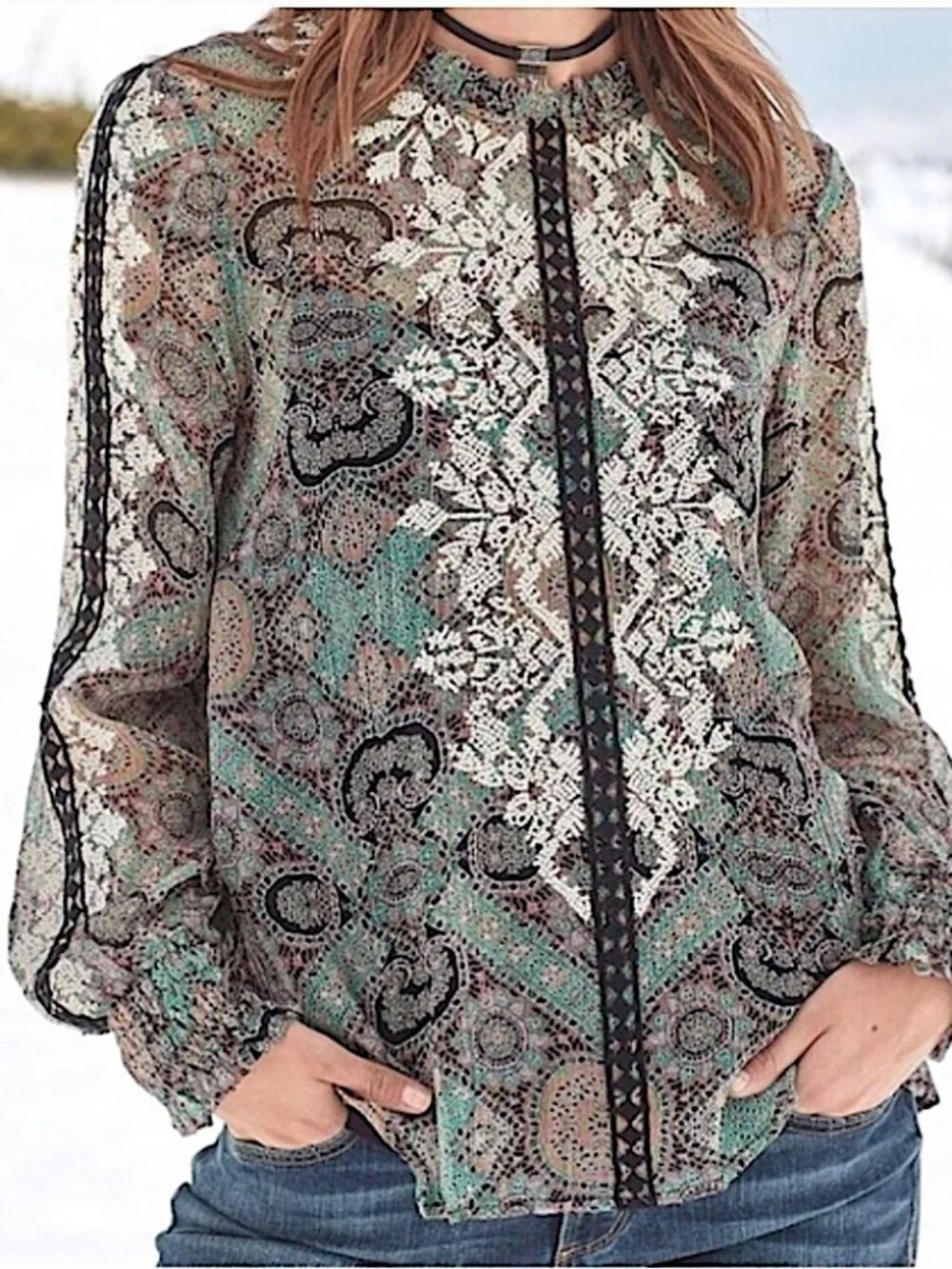 SUNDANCE Victorian Charms Embroidered Boho Long Sleeved Blouse Top